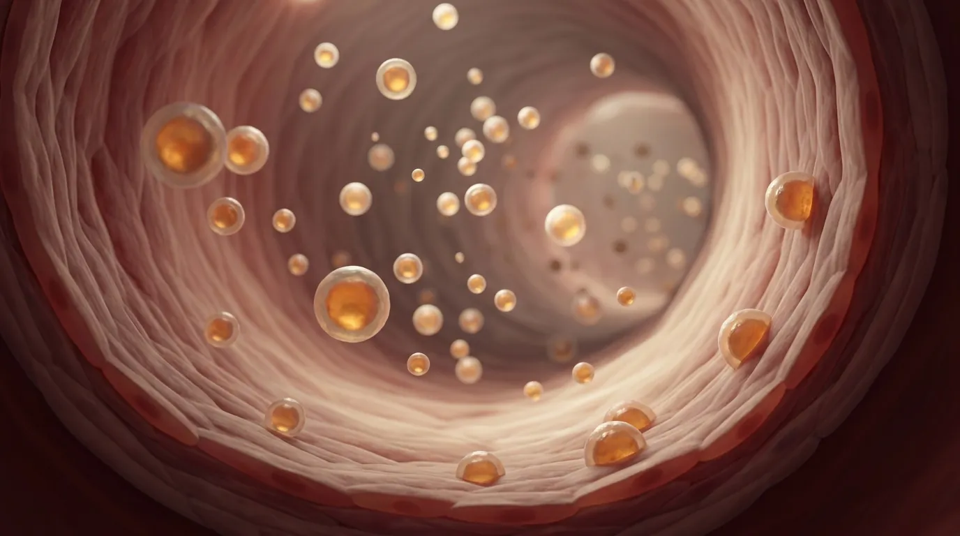 Lipoprotein particles of different sizes flowing through an artery — apoB counts particles, LDL-C weighs their cholesterol