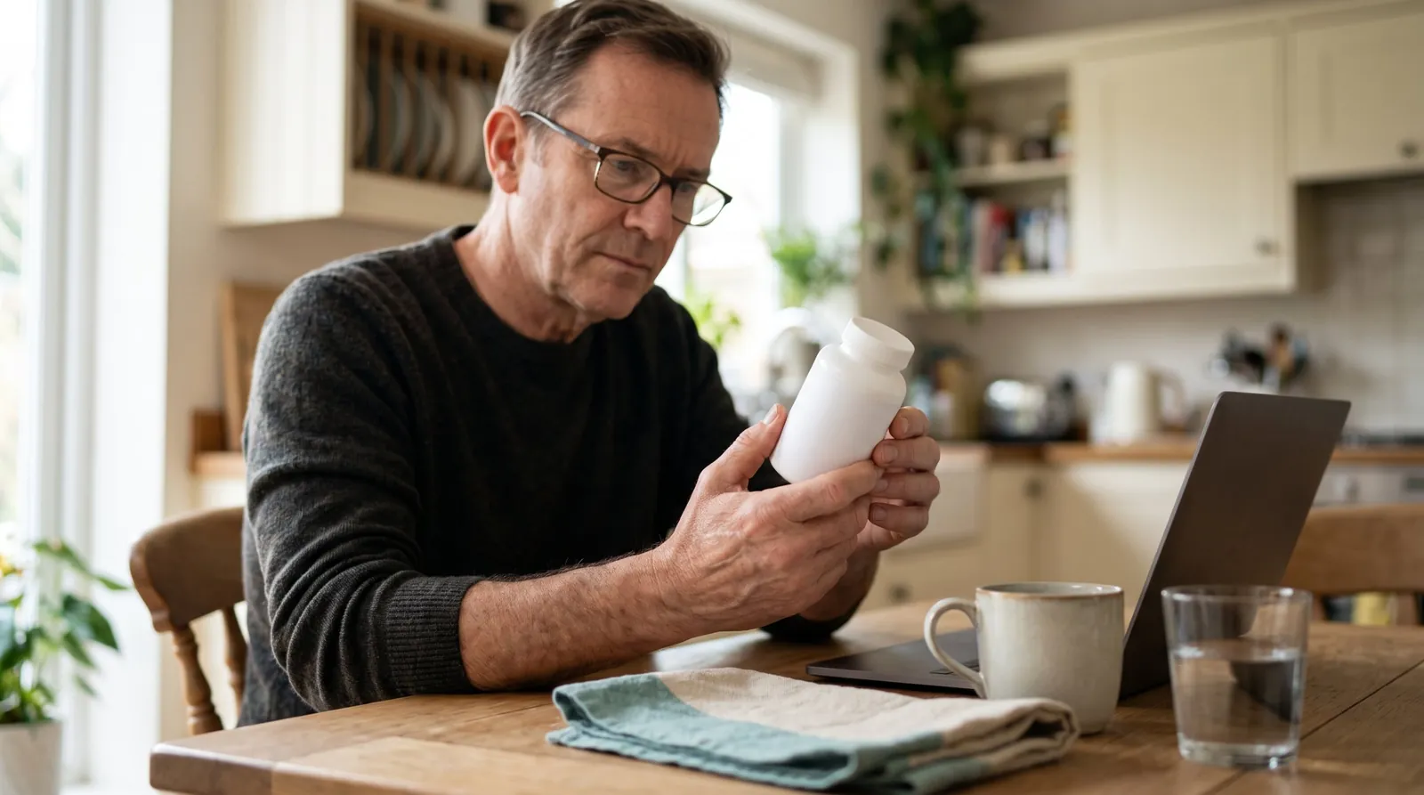 Man in his fifties reading the back of a supplement bottle at his kitchen table