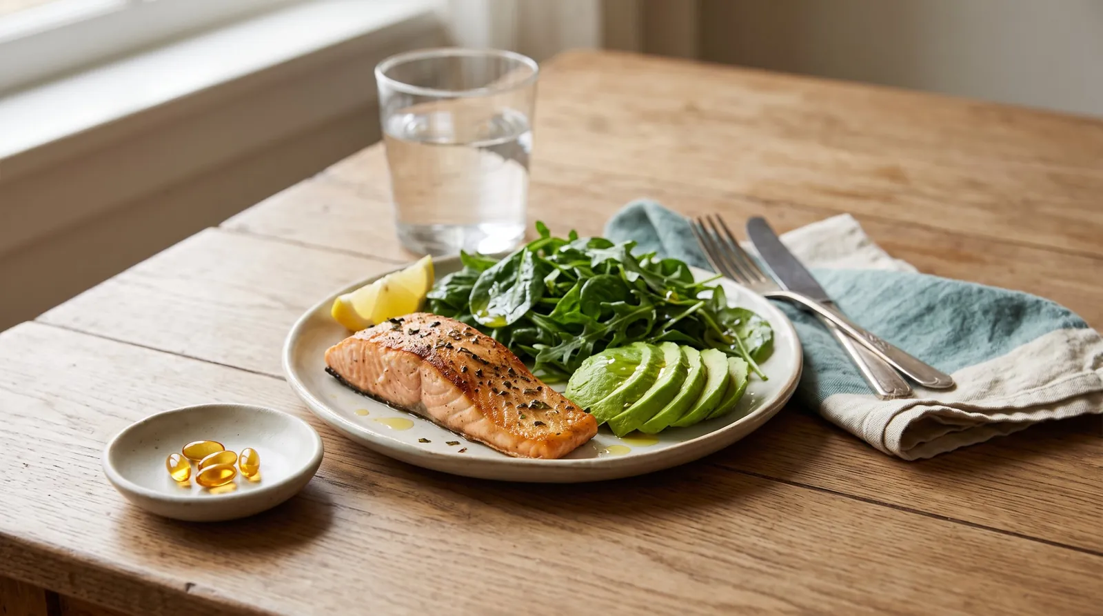Omega-3 softgels beside a meal of salmon and avocado — taking DHA with dietary fat