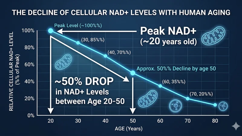 NAD+ decline with age graph — showing 50% drop between ages 20 and 50