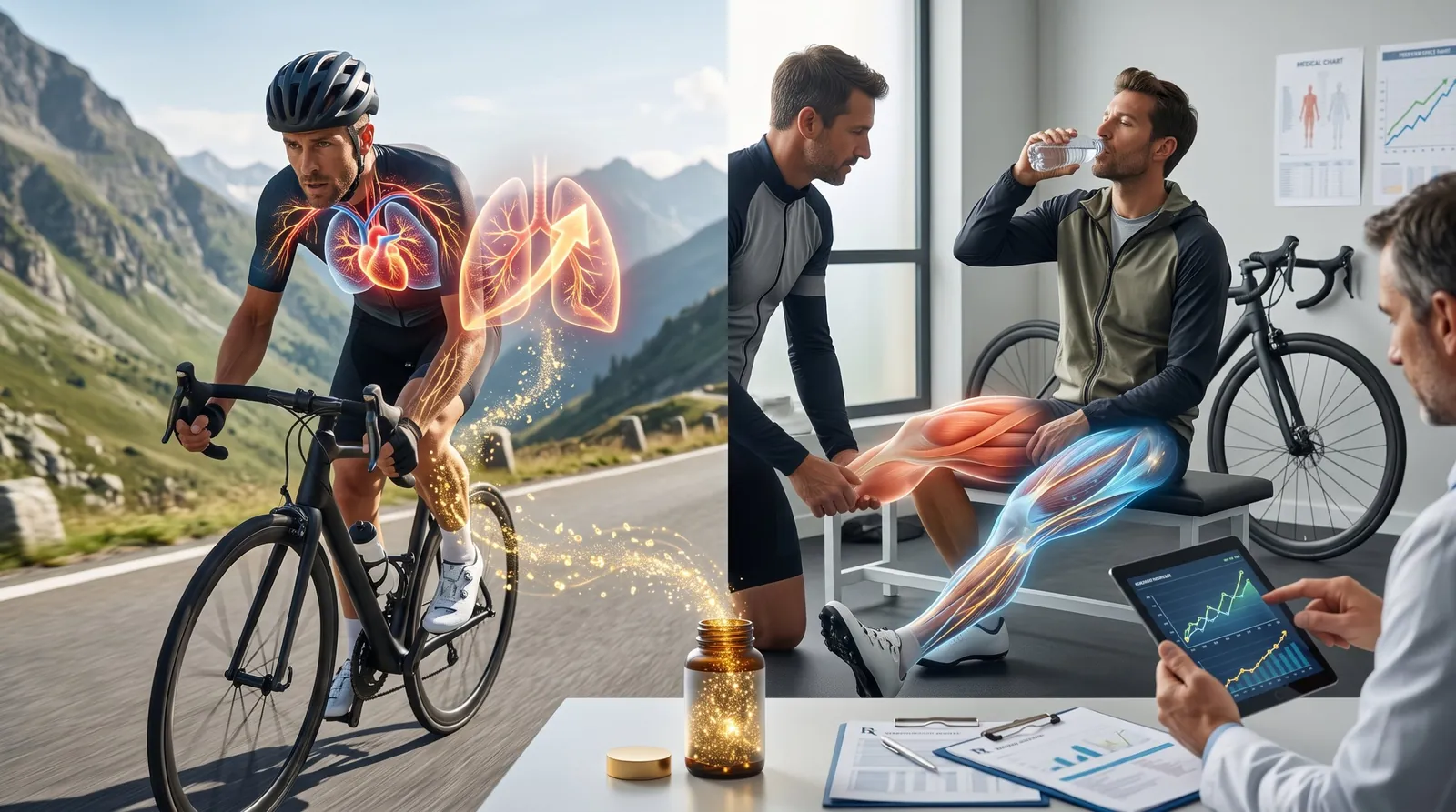 Road cyclist climbing a mountain pass, and recovering after the ride with a physio and performance data