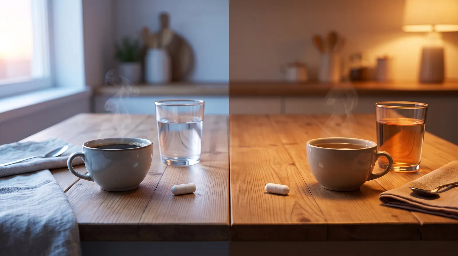 The same table in morning light and evening lamplight, with one capsule each — NMN timing