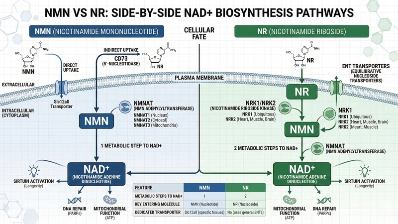 NMN vs NR — direct NAD+ precursor pathway comparison diagram