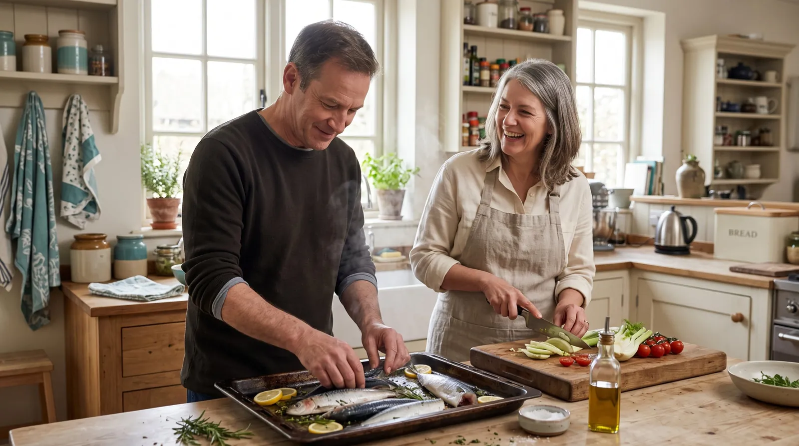 Couple in their late fifties cooking sardines and mackerel at home