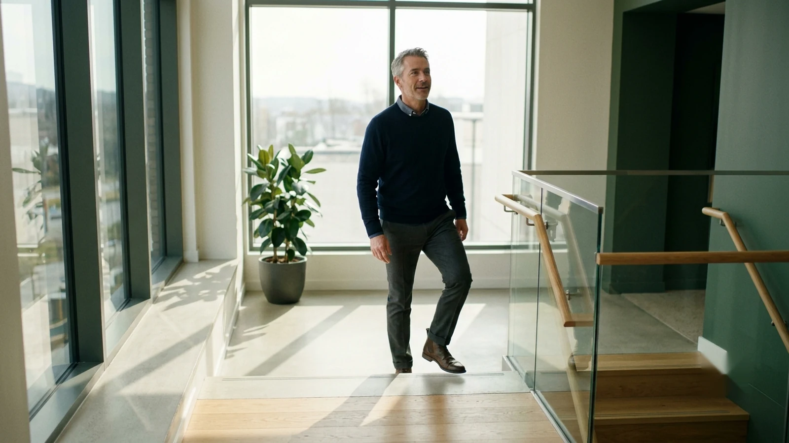 Man in his fifties reaching the top of a staircase breathing easily — the everyday signal of restored cellular energy