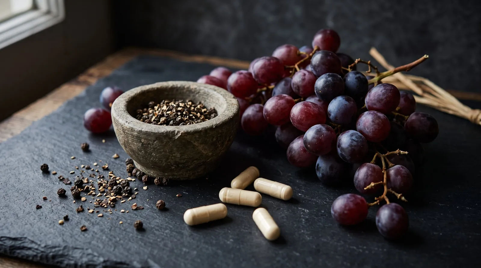 Cracked black peppercorns, red grapes and capsules on slate — piperine and resveratrol