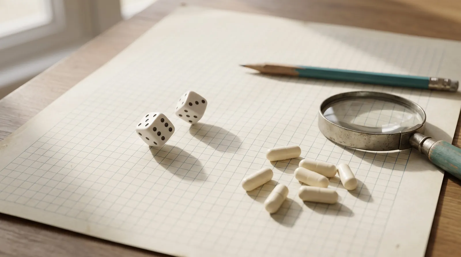 Dice, capsules and a magnifying glass on graph paper — chance and statistical significance