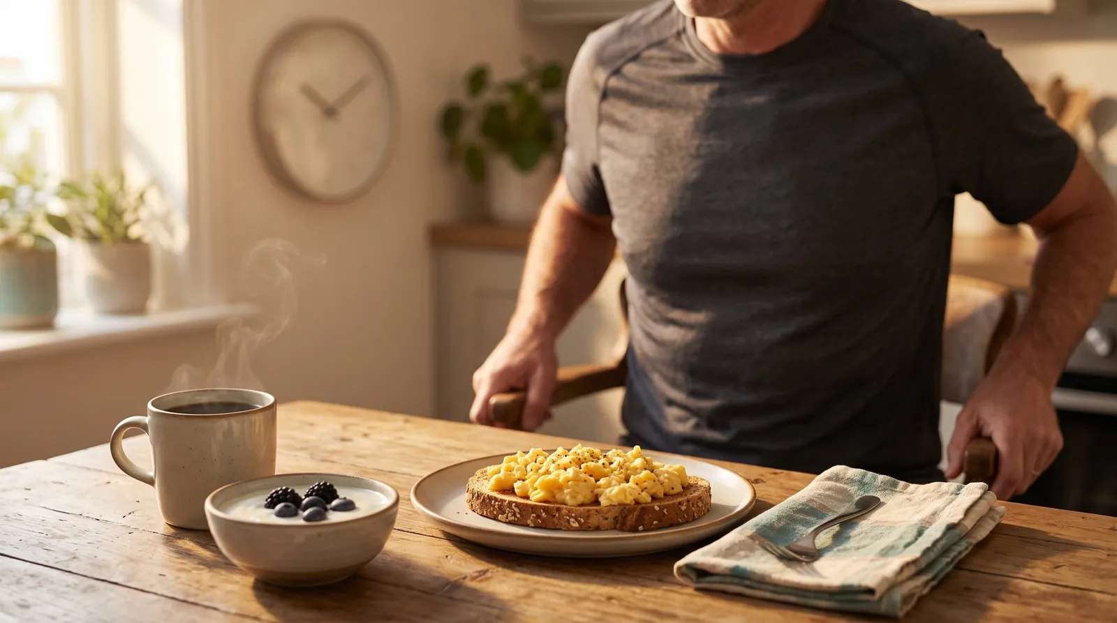 Early-morning high-protein breakfast after a gym session — an early eating window