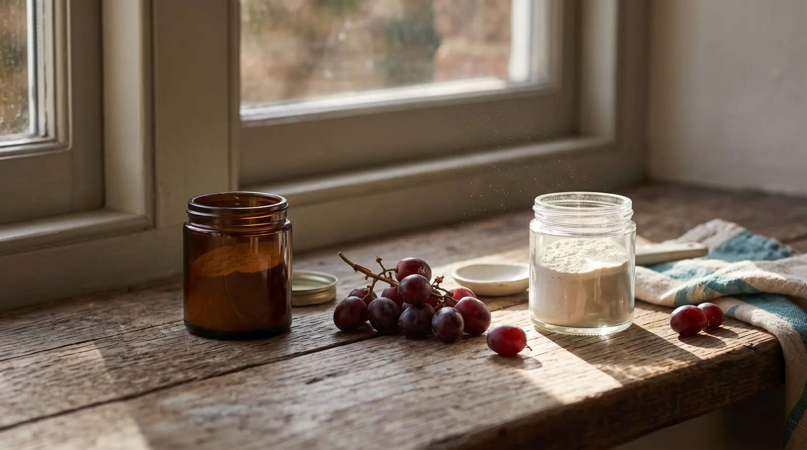 Amber and clear glass jars of resveratrol powder on a sunny windowsill — light converts trans to cis