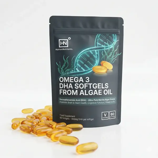 Omega-3 DHA golden softgel capsules spilling from bottle
